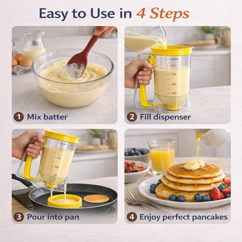 Pancake Batter Dispenser Kit with Pancake Rings, Silicone Spatula Butter Brush, Batter Dispenser Pancake Dispenser for Perfect Pancakes, Cupcake Batter Dispenser, Easy No-Mess Family Breakfast Set
