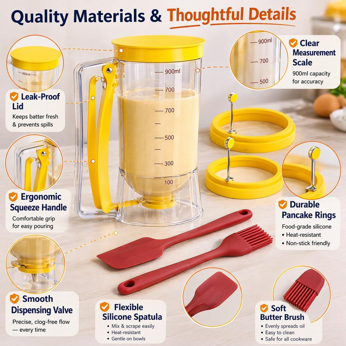 Pancake Batter Dispenser Kit with Pancake Rings, Silicone Spatula Butter Brush, Batter Dispenser Pancake Dispenser for Perfect Pancakes, Cupcake Batter Dispenser, Easy No-Mess Family Breakfast Set