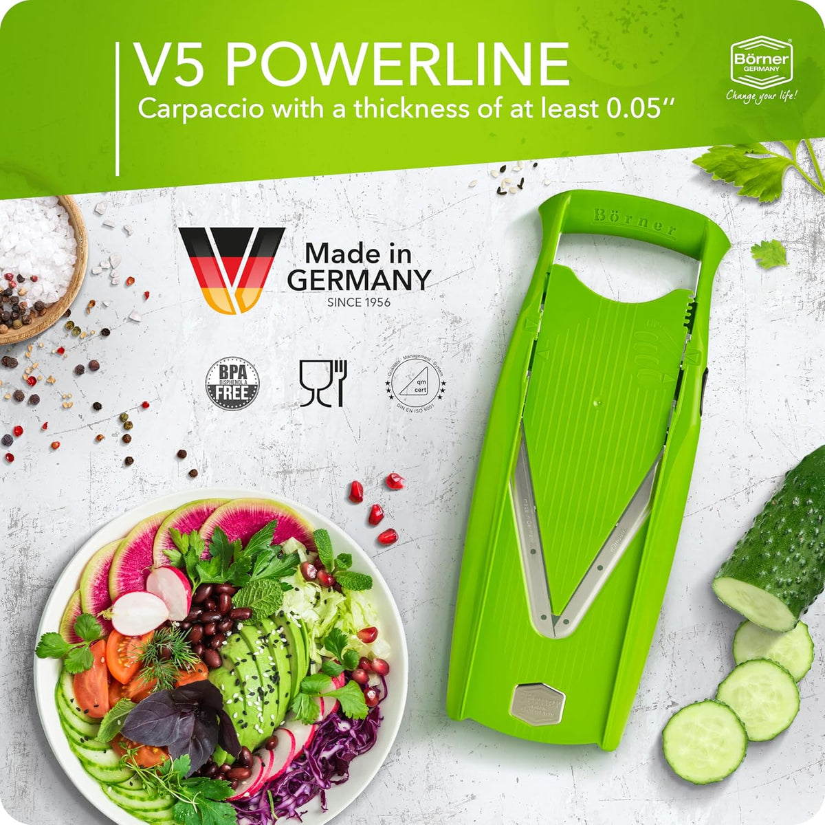 Mandoline Food Slicer V5 (Basic Set) by Reston Lloyd • V-Slicer with Food Holder • Made in Germany • Fruit & Vegetable Chopper • Multiple Settings • Color: Lime