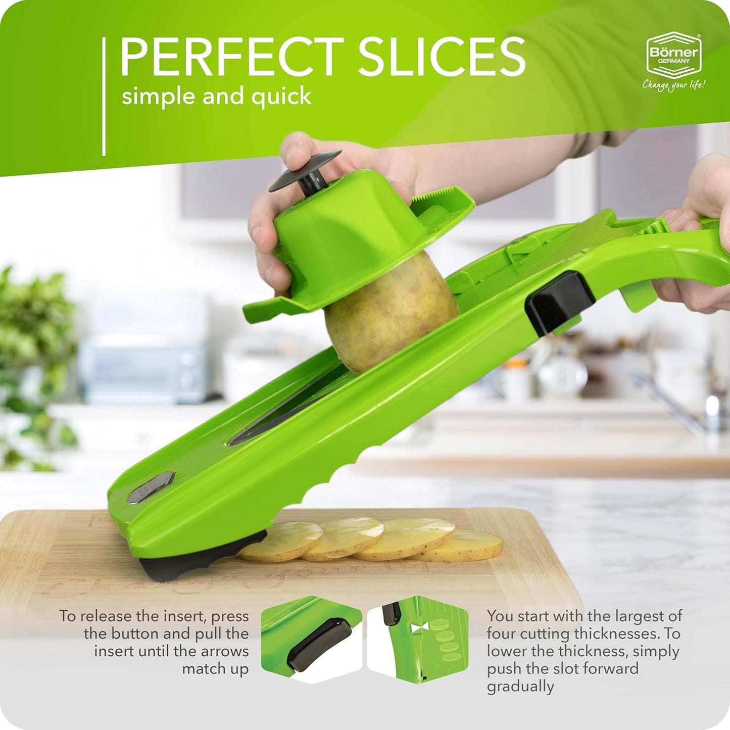 Mandoline Food Slicer V5 (Basic Set) by Reston Lloyd • V-Slicer with Food Holder • Made in Germany • Fruit & Vegetable Chopper • Multiple Settings • Color: Lime