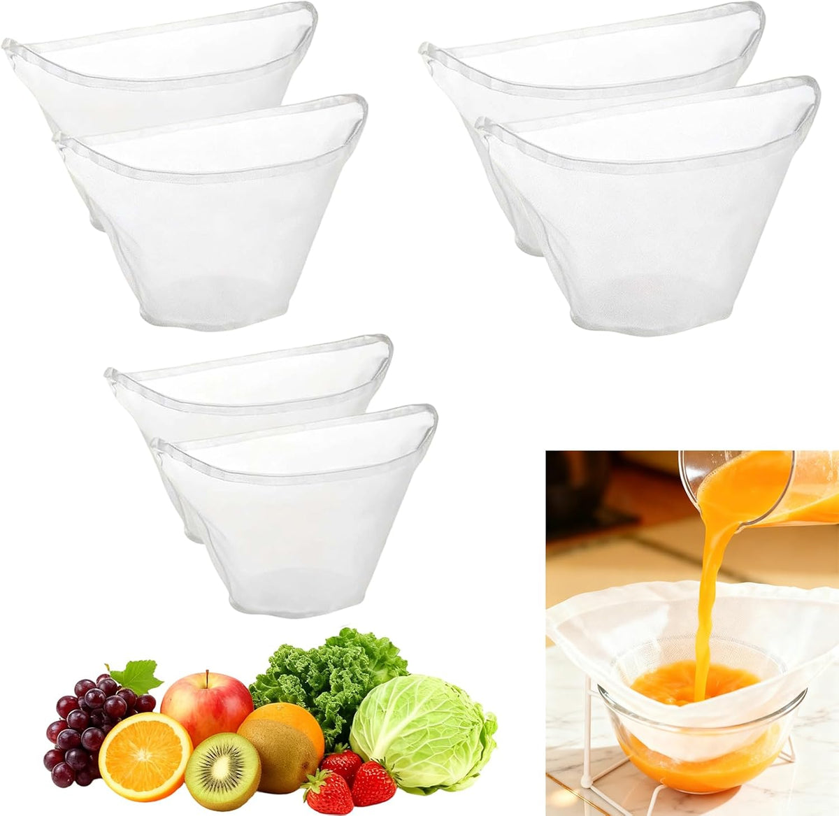 6PCS Cheese Cloth Filling Squeeze Nylon Bags, Bowl-shaped reusable nylon cheese cloth filter bag, Ultra Fine Mesh Strainer Bags, suitable for nut milk, juice, soy milk, dumpling fillings (S, M, L)