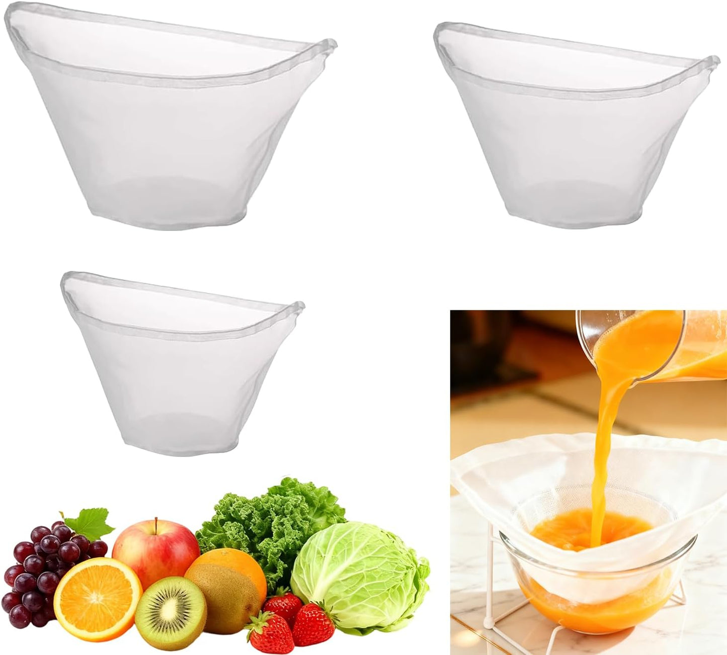 6PCS Cheese Cloth Filling Squeeze Nylon Bags, Bowl-shaped reusable nylon cheese cloth filter bag, Ultra Fine Mesh Strainer Bags, suitable for nut milk, juice, soy milk, dumpling fillings (S, M, L)