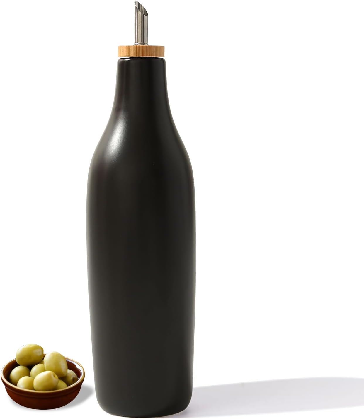 HOMCDALY Ceramic Olive Oil Dispenser for Kitchen, Stoneware 16oz Oil and Vinegar Bottles Dispenser, Kitchen Dispenser Bottle for EVOO Vinegar Syrups, Modern Farmhouse Design(W)