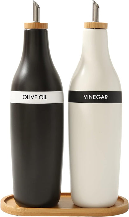 HOMCDALY Ceramic Olive Oil Dispenser for Kitchen, Stoneware 16oz Oil and Vinegar Bottles Dispenser, Kitchen Dispenser Bottle for EVOO Vinegar Syrups, Modern Farmhouse Design(W)