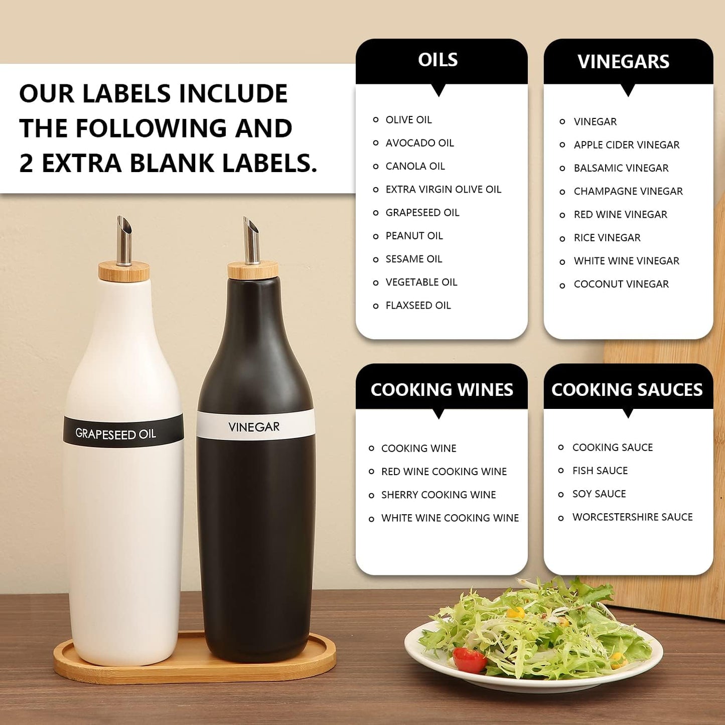 HOMCDALY Ceramic Olive Oil Dispenser for Kitchen, Stoneware 16oz Oil and Vinegar Bottles Dispenser, Kitchen Dispenser Bottle for EVOO Vinegar Syrups, Modern Farmhouse Design(W)