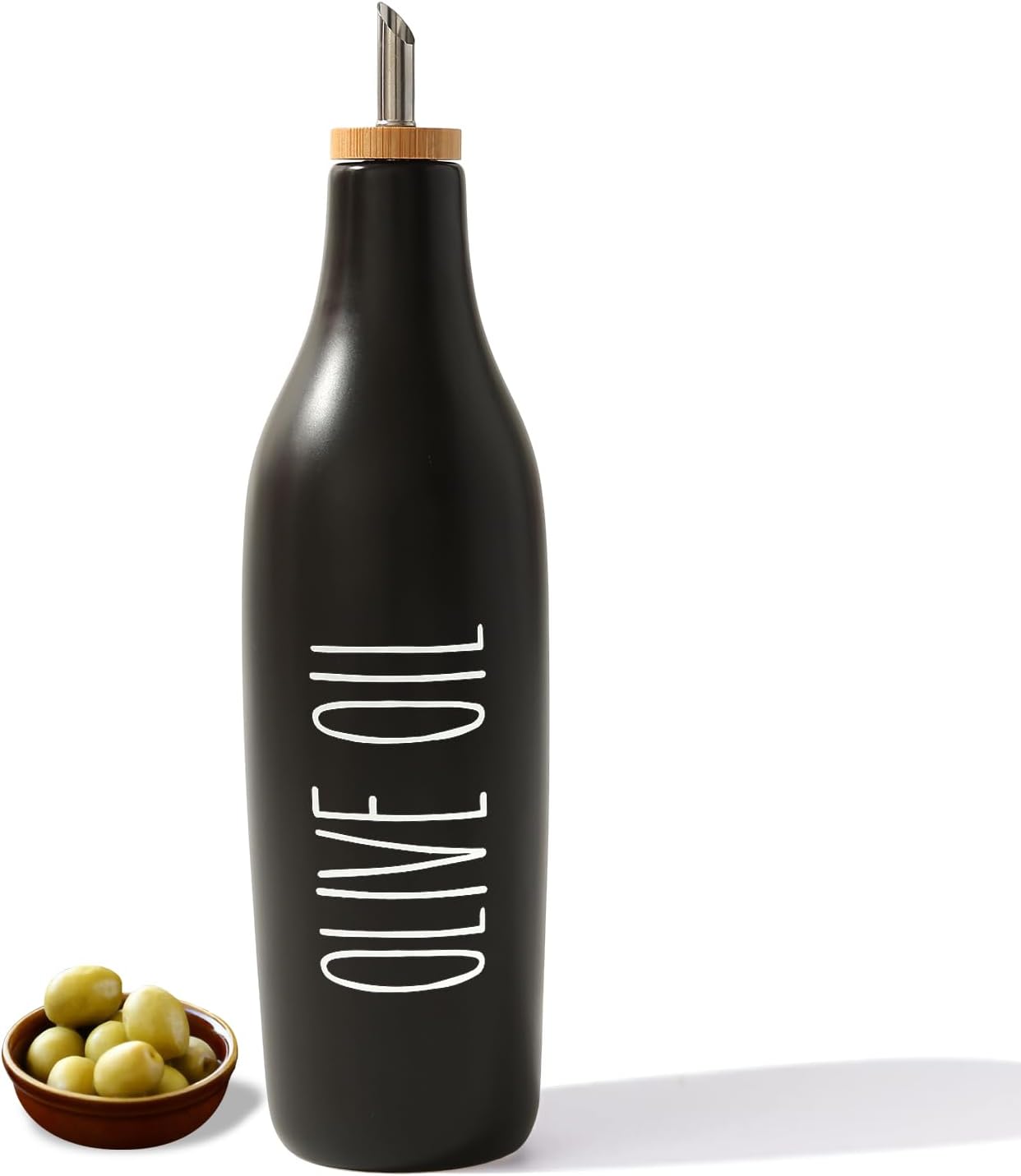 HOMCDALY Ceramic Olive Oil Dispenser for Kitchen, Stoneware 16oz Oil and Vinegar Bottles Dispenser, Kitchen Dispenser Bottle for EVOO Vinegar Syrups, Modern Farmhouse Design(W)