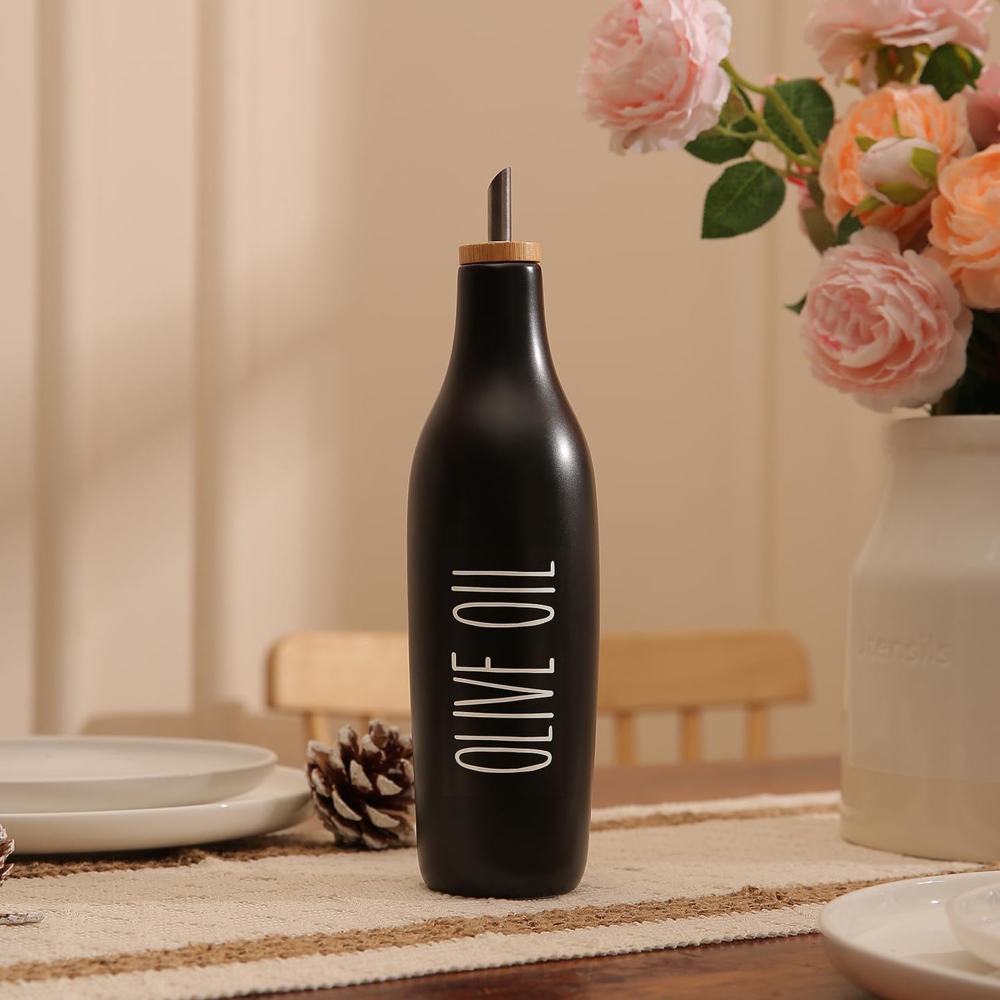 HOMCDALY Ceramic Olive Oil Dispenser for Kitchen, Stoneware 16oz Oil and Vinegar Bottles Dispenser, Kitchen Dispenser Bottle for EVOO Vinegar Syrups, Modern Farmhouse Design(W)