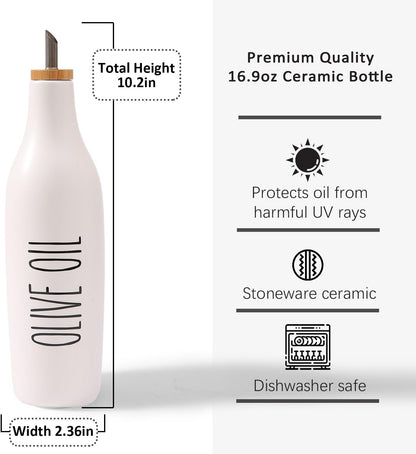 HOMCDALY Ceramic Olive Oil Dispenser for Kitchen, Stoneware 16oz Oil and Vinegar Bottles Dispenser, Kitchen Dispenser Bottle for EVOO Vinegar Syrups, Modern Farmhouse Design(W)