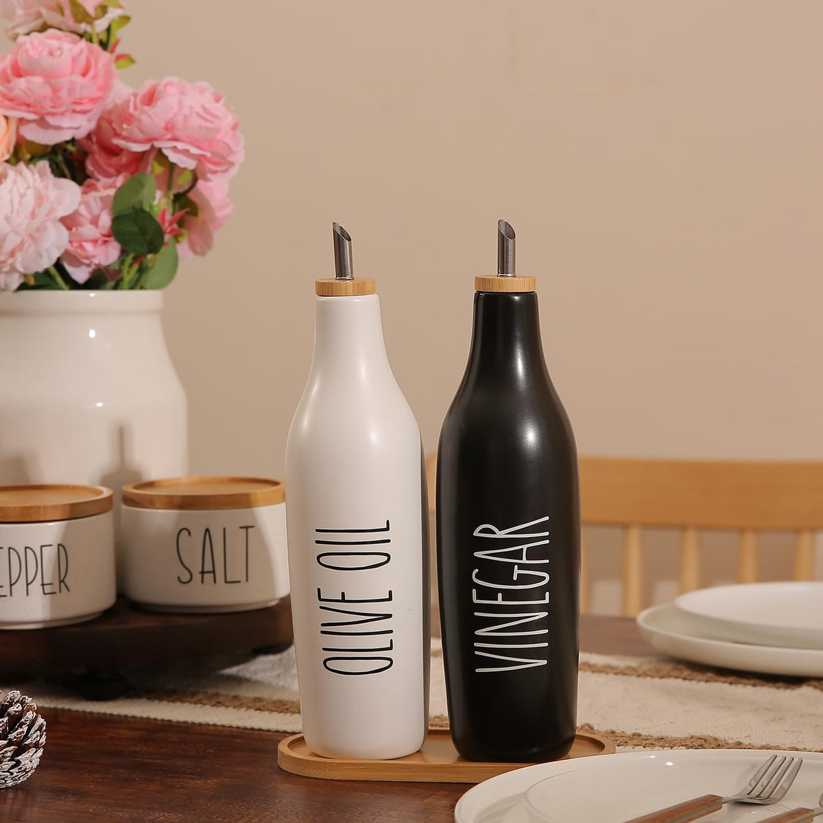 HOMCDALY Ceramic Olive Oil Dispenser for Kitchen, Stoneware 16oz Oil and Vinegar Bottles Dispenser, Kitchen Dispenser Bottle for EVOO Vinegar Syrups, Modern Farmhouse Design(W)