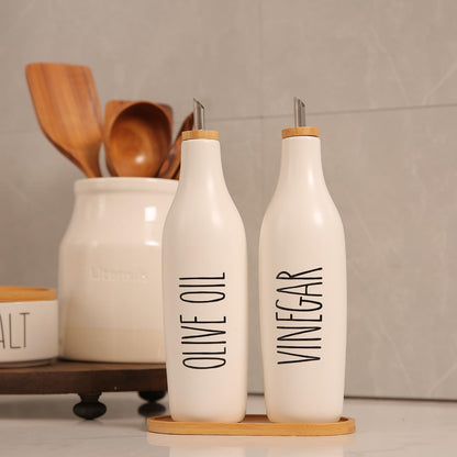 HOMCDALY Ceramic Olive Oil Dispenser for Kitchen, Stoneware 16oz Oil and Vinegar Bottles Dispenser, Kitchen Dispenser Bottle for EVOO Vinegar Syrups, Modern Farmhouse Design(W)
