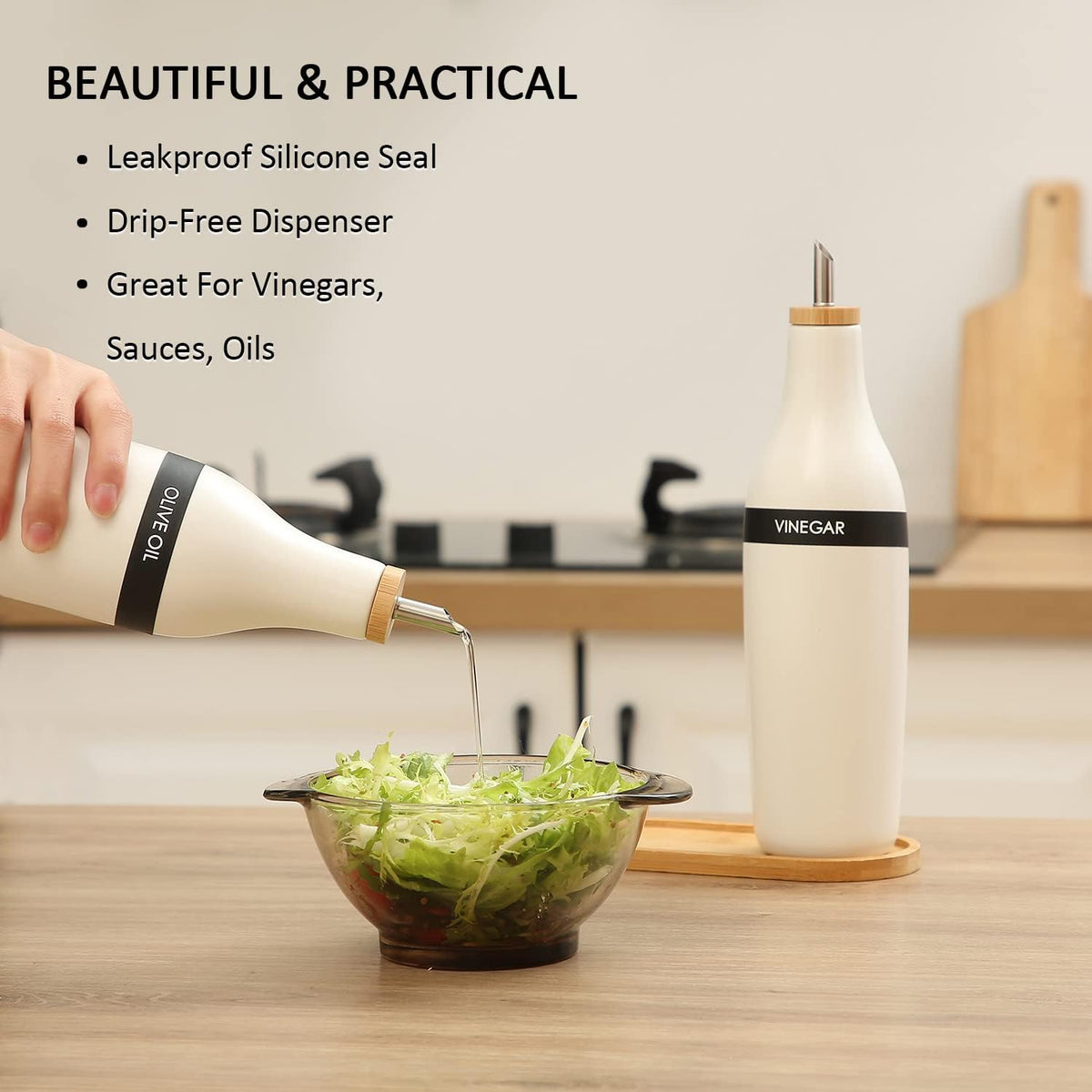 HOMCDALY Ceramic Olive Oil Dispenser for Kitchen, Stoneware 16oz Oil and Vinegar Bottles Dispenser, Kitchen Dispenser Bottle for EVOO Vinegar Syrups, Modern Farmhouse Design(W)