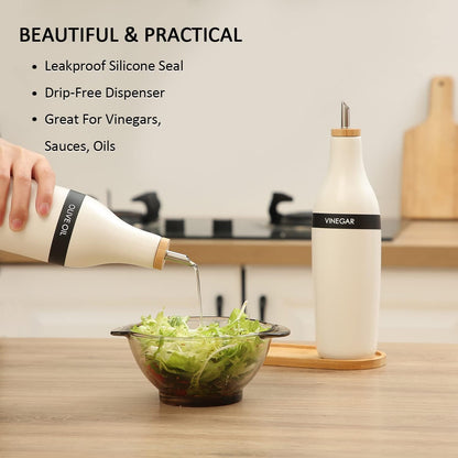 HOMCDALY Ceramic Olive Oil Dispenser for Kitchen, Stoneware 16oz Oil and Vinegar Bottles Dispenser, Kitchen Dispenser Bottle for EVOO Vinegar Syrups, Modern Farmhouse Design(W)