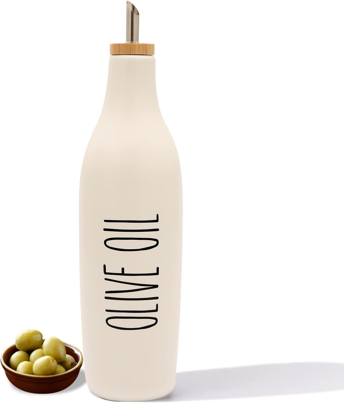 HOMCDALY Ceramic Olive Oil Dispenser for Kitchen, Stoneware 16oz Oil and Vinegar Bottles Dispenser, Kitchen Dispenser Bottle for EVOO Vinegar Syrups, Modern Farmhouse Design(W)