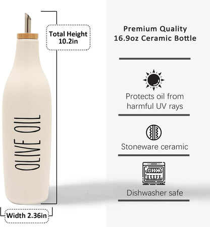 HOMCDALY Ceramic Olive Oil Dispenser for Kitchen, Stoneware 16oz Oil and Vinegar Bottles Dispenser, Kitchen Dispenser Bottle for EVOO Vinegar Syrups, Modern Farmhouse Design(W)