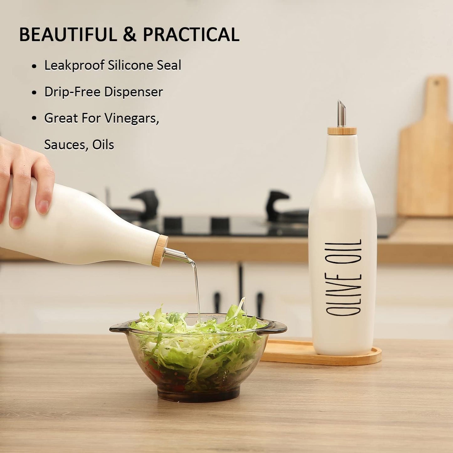 HOMCDALY Ceramic Olive Oil Dispenser for Kitchen, Stoneware 16oz Oil and Vinegar Bottles Dispenser, Kitchen Dispenser Bottle for EVOO Vinegar Syrups, Modern Farmhouse Design(W)