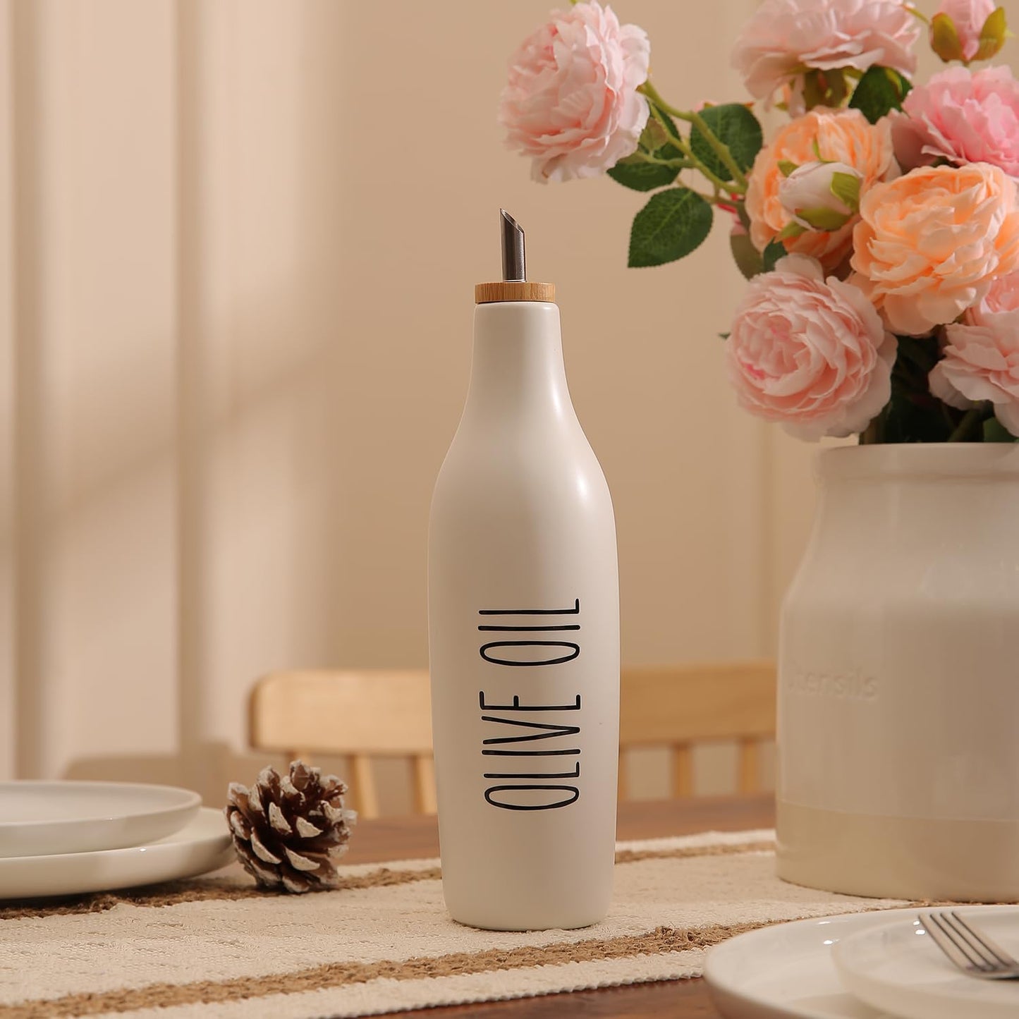 HOMCDALY Ceramic Olive Oil Dispenser for Kitchen, Stoneware 16oz Oil and Vinegar Bottles Dispenser, Kitchen Dispenser Bottle for EVOO Vinegar Syrups, Modern Farmhouse Design(W)