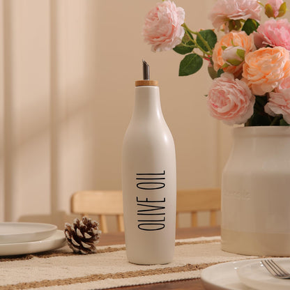 HOMCDALY Ceramic Olive Oil Dispenser for Kitchen, Stoneware 16oz Oil and Vinegar Bottles Dispenser, Kitchen Dispenser Bottle for EVOO Vinegar Syrups, Modern Farmhouse Design(W)