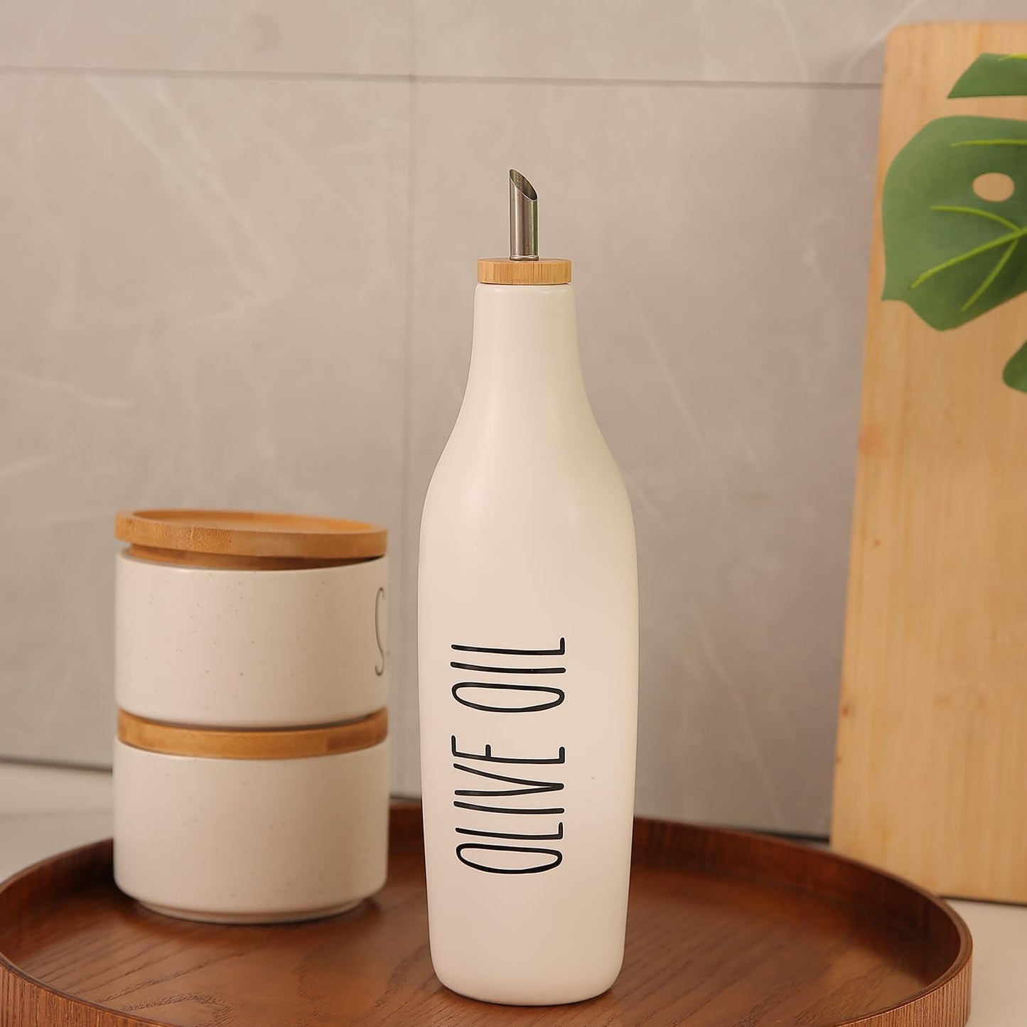 HOMCDALY Ceramic Olive Oil Dispenser for Kitchen, Stoneware 16oz Oil and Vinegar Bottles Dispenser, Kitchen Dispenser Bottle for EVOO Vinegar Syrups, Modern Farmhouse Design(W)