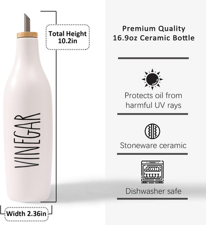HOMCDALY Ceramic Olive Oil Dispenser for Kitchen, Stoneware 16oz Oil and Vinegar Bottles Dispenser, Kitchen Dispenser Bottle for EVOO Vinegar Syrups, Modern Farmhouse Design(W)