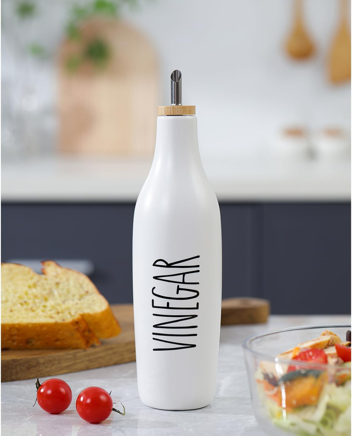 HOMCDALY Ceramic Olive Oil Dispenser for Kitchen, Stoneware 16oz Oil and Vinegar Bottles Dispenser, Kitchen Dispenser Bottle for EVOO Vinegar Syrups, Modern Farmhouse Design(W)