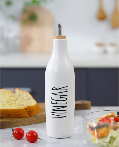 HOMCDALY Ceramic Olive Oil Dispenser for Kitchen, Stoneware 16oz Oil and Vinegar Bottles Dispenser, Kitchen Dispenser Bottle for EVOO Vinegar Syrups, Modern Farmhouse Design(W)