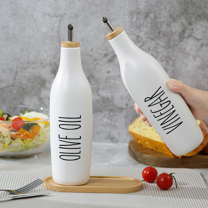 HOMCDALY Ceramic Olive Oil Dispenser for Kitchen, Stoneware 16oz Oil and Vinegar Bottles Dispenser, Kitchen Dispenser Bottle for EVOO Vinegar Syrups, Modern Farmhouse Design(W)