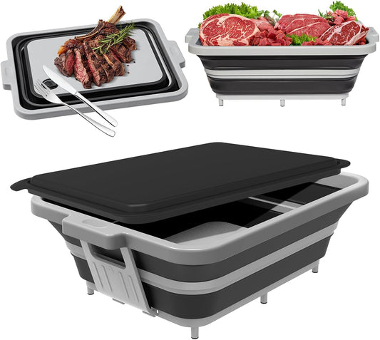 Upgraded Collapsible BBQ Prep Tub with Lid & Foldable Handle Stand - 4-in-1 for Meal Prep Marinating, Food Storage Container, Cutting Board & Beverage Cooler - Perfect for Camping & Picnic