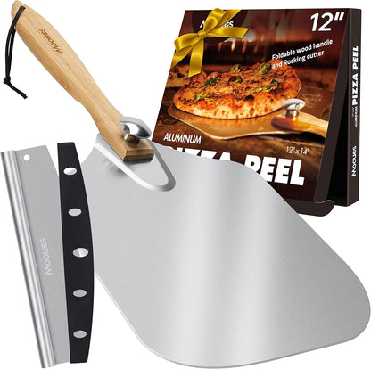 Pizza Peel Aluminum 12 inch Pizza Spatula with Rocker Cutter
