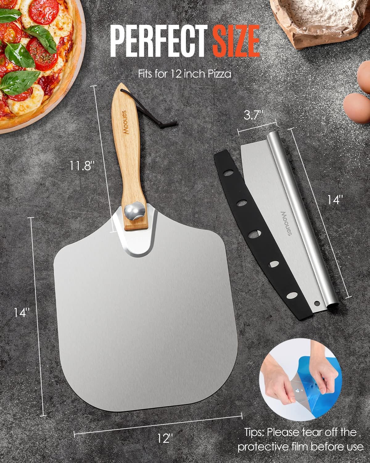 Pizza Peel Aluminum 12 inch Pizza Spatula with Rocker Cutter