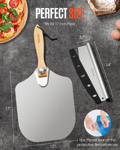 Pizza Peel Aluminum 12 inch Pizza Spatula with Rocker Cutter