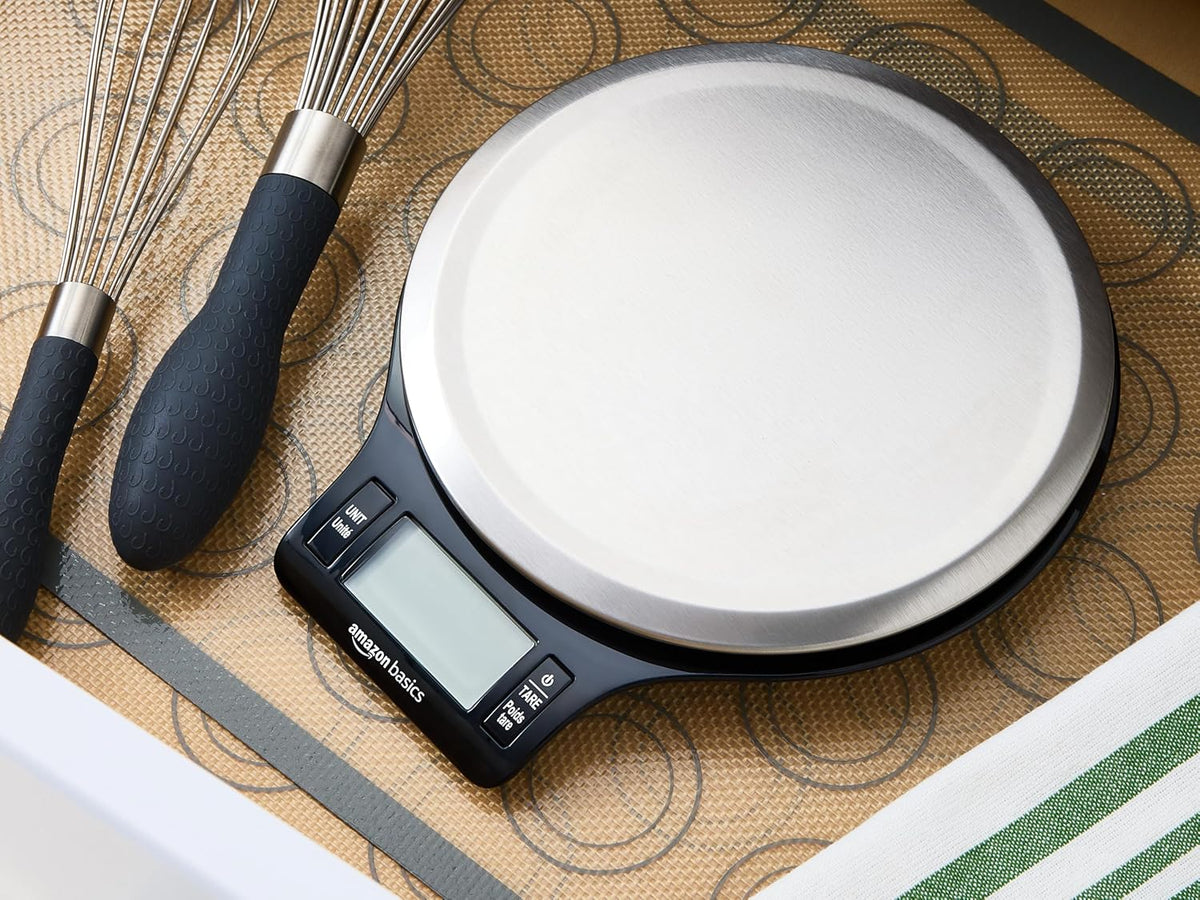 Digital Kitchen Scale with LCD Display, Tare Function, Multiple Units, Weighs up to 11 Pounds, Batteries Included, Black and Stainless Steel
