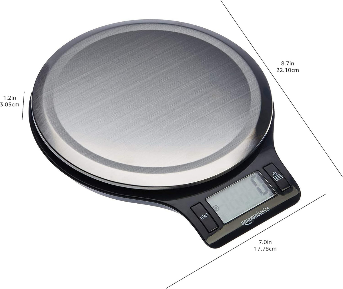 Digital Kitchen Scale with LCD Display, Tare Function, Multiple Units, Weighs up to 11 Pounds, Batteries Included, Black and Stainless Steel
