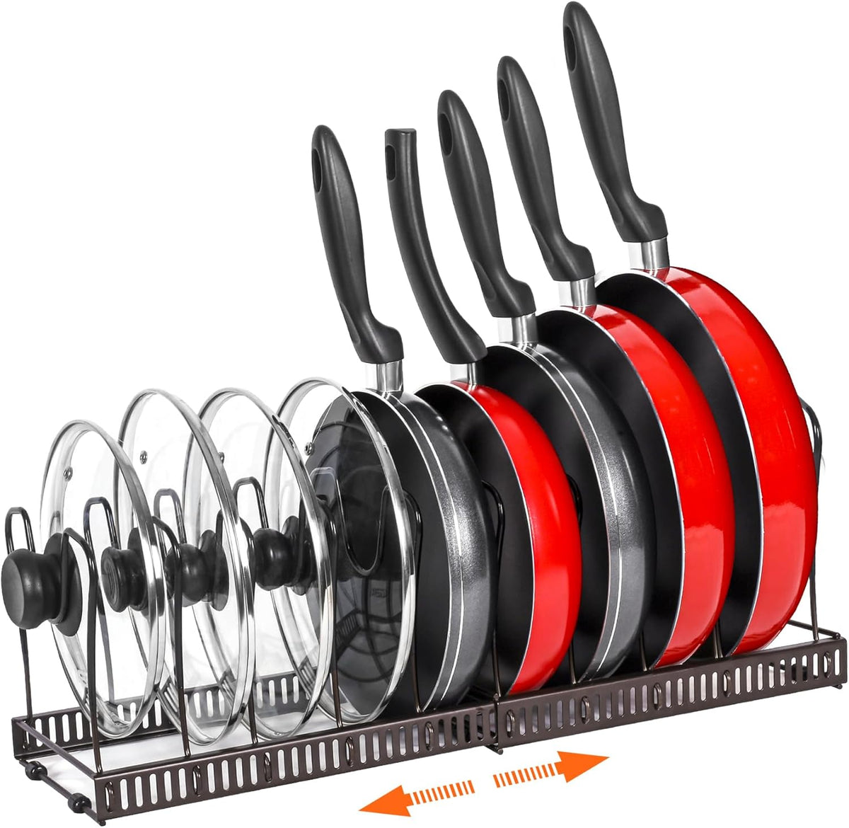 Pot and Pan Lid Organizer Rack for Under Cabinet, 12"-23" Expandable | 10 Adjustable Dividers, Holds Pan Lids, Cookware & Bakeware, Creates Tidy Cabinet Storage, Durable Metal, Bronze