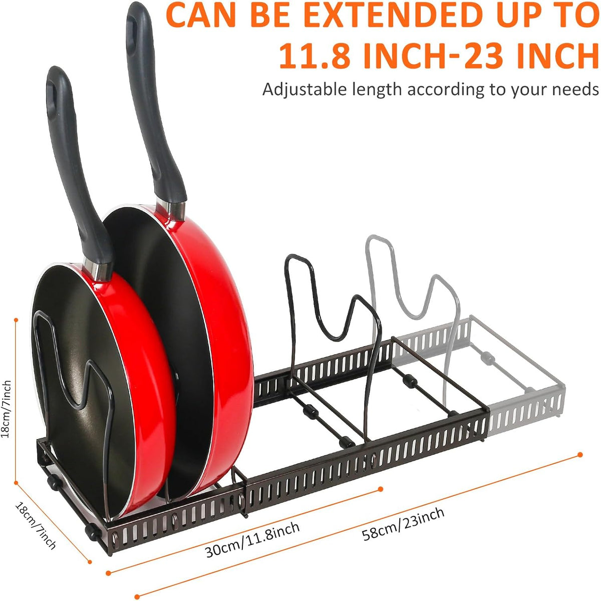 Pot and Pan Lid Organizer Rack for Under Cabinet, 12"-23" Expandable | 10 Adjustable Dividers, Holds Pan Lids, Cookware & Bakeware, Creates Tidy Cabinet Storage, Durable Metal, Bronze