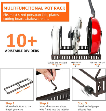 Pot and Pan Lid Organizer Rack for Under Cabinet, 12"-23" Expandable | 10 Adjustable Dividers, Holds Pan Lids, Cookware & Bakeware, Creates Tidy Cabinet Storage, Durable Metal, Bronze