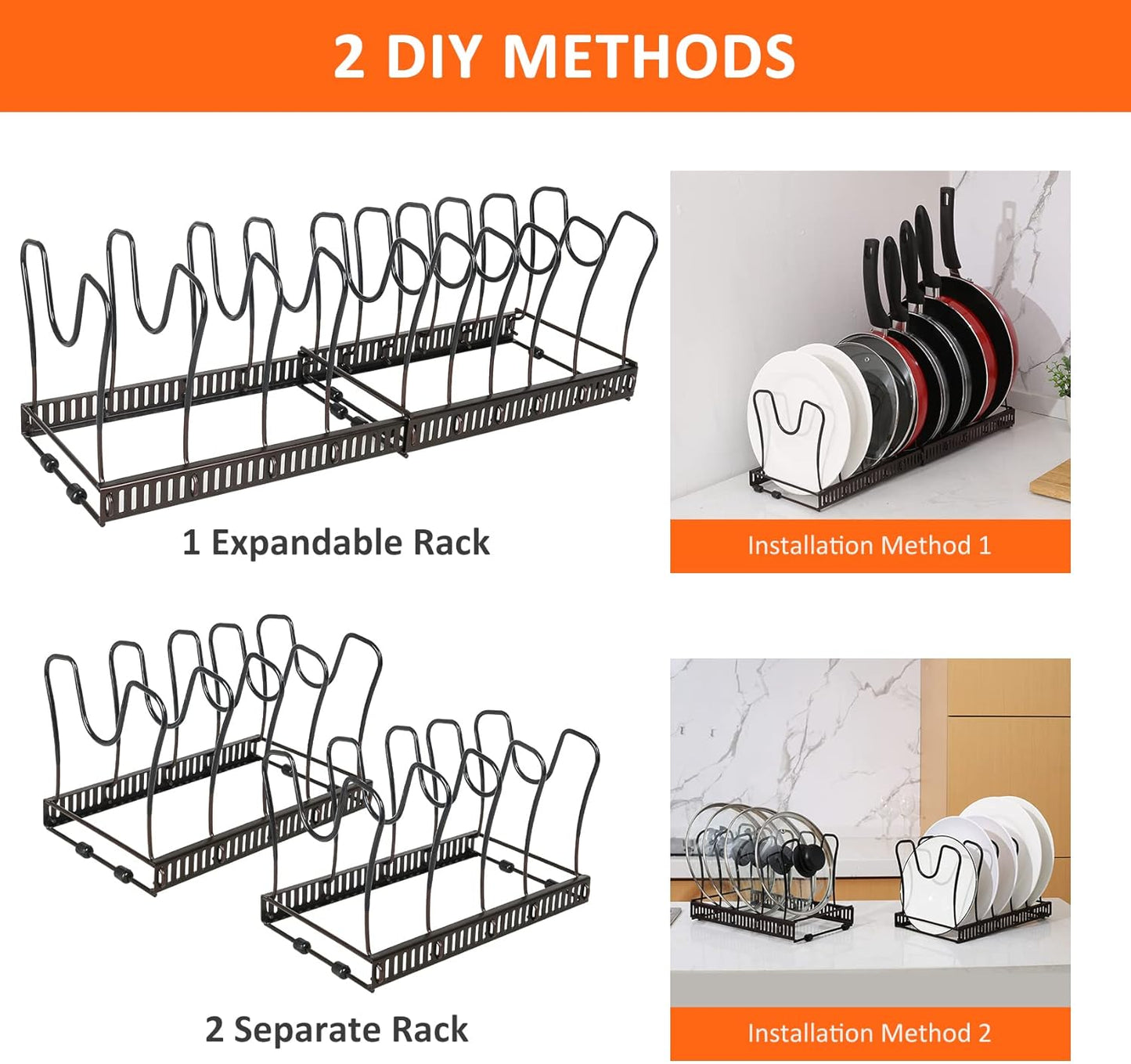 Pot and Pan Lid Organizer Rack for Under Cabinet, 12"-23" Expandable | 10 Adjustable Dividers, Holds Pan Lids, Cookware & Bakeware, Creates Tidy Cabinet Storage, Durable Metal, Bronze