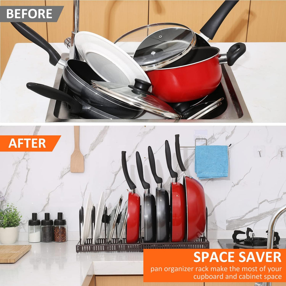 Pot and Pan Lid Organizer Rack for Under Cabinet, 12"-23" Expandable | 10 Adjustable Dividers, Holds Pan Lids, Cookware & Bakeware, Creates Tidy Cabinet Storage, Durable Metal, Bronze