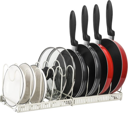 Pot and Pan Lid Organizer Rack for Under Cabinet, 12"-23" Expandable | 10 Adjustable Dividers, Holds Pan Lids, Cookware & Bakeware, Creates Tidy Cabinet Storage, Durable Metal, Bronze