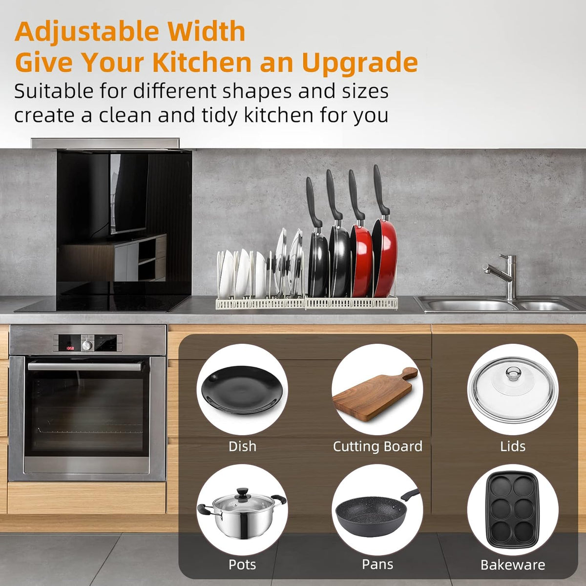 Pot and Pan Lid Organizer Rack for Under Cabinet, 12"-23" Expandable | 10 Adjustable Dividers, Holds Pan Lids, Cookware & Bakeware, Creates Tidy Cabinet Storage, Durable Metal, Bronze