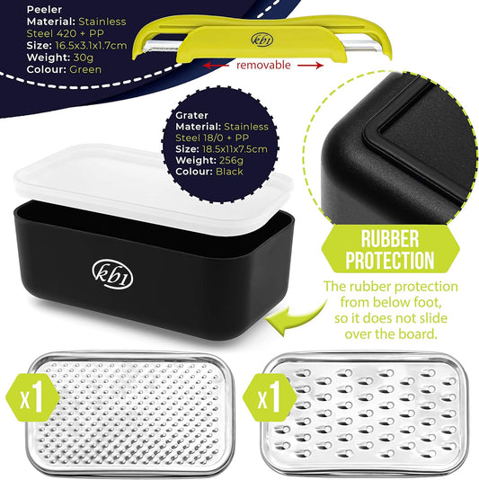 Cheese Grater with Container and Lid & Peeler Set - Vegetable Fruit Multi-Function Stainless Steel Kitchen Utensil Kit with Black Food Plastic Storage Stable Box - Hand Chopper Graters & Peelers