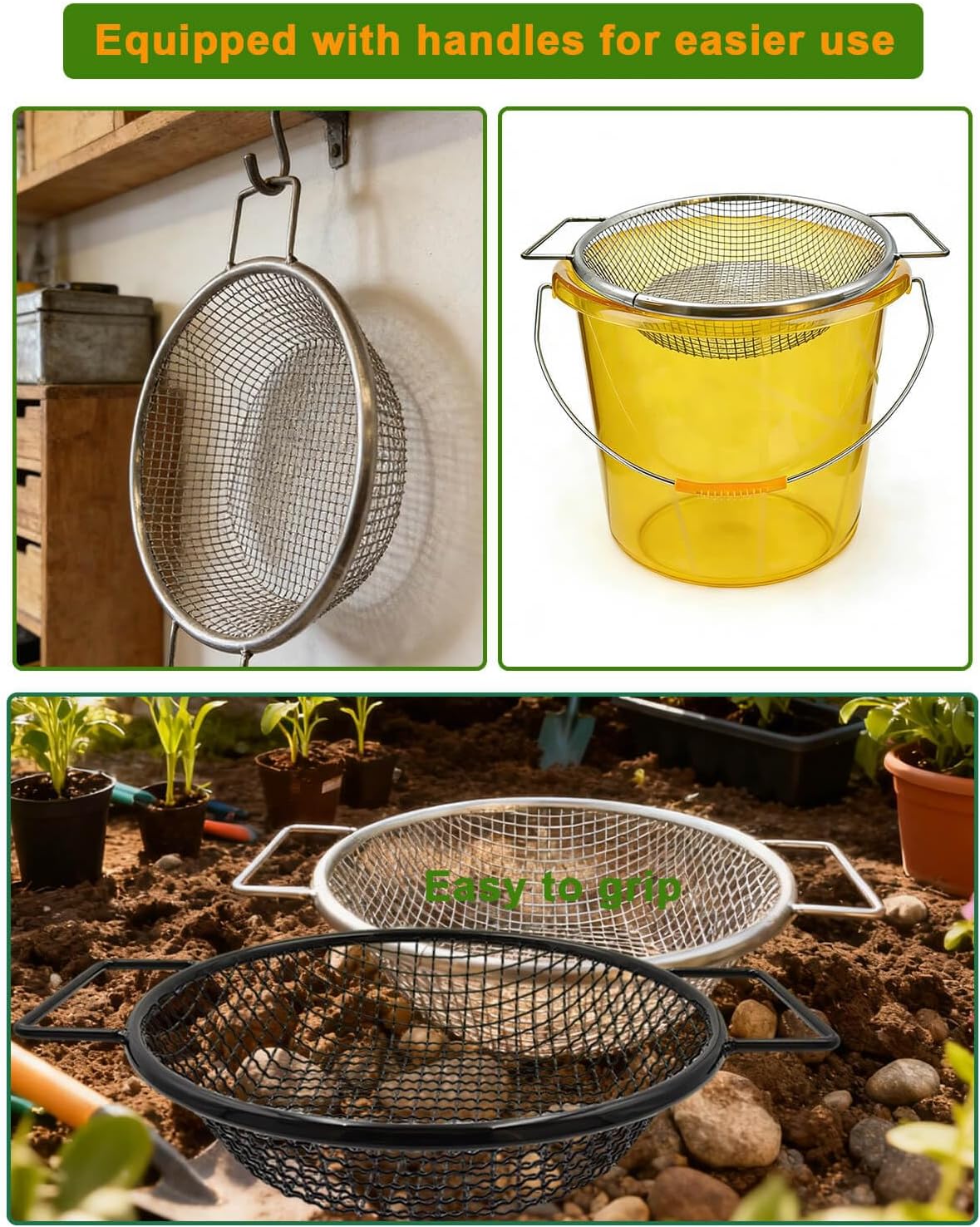 Soil Sifter for 5 Gallon Bucket - 2Pcs Dirt Sifter for Gardening Rocks | Heavy Duty Soil Sifter for Gardening with Handles, 1/8" & 1/4" Dirt Sifter for Rocks, Garden Sifter for Soil Compost Sifter