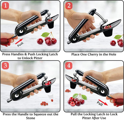 Cherry Pitter Tool Pit Remover - Stainless Steel Olive Pitter Tool- Simple & Effortless Cherry Seed Remover - Easy No Mess Cherries Pitter - One Click The Pit is Out (Black)