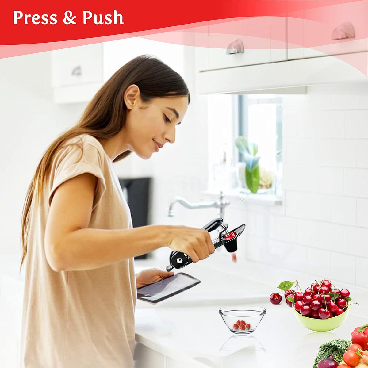 Cherry Pitter Tool Pit Remover - Stainless Steel Olive Pitter Tool- Simple & Effortless Cherry Seed Remover - Easy No Mess Cherries Pitter - One Click The Pit is Out (Black)