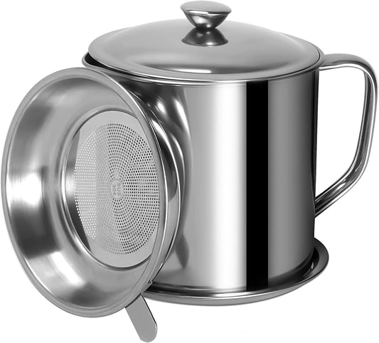 Bacon Grease Container with Strainer 42 oz Kitchen Frying Cooking Oil Saver | 1.25 L Food-grade Easy-Grip Handle Container with Lid and tray Oil Stainless Steel Keeper Dishwasher Safety Catcher