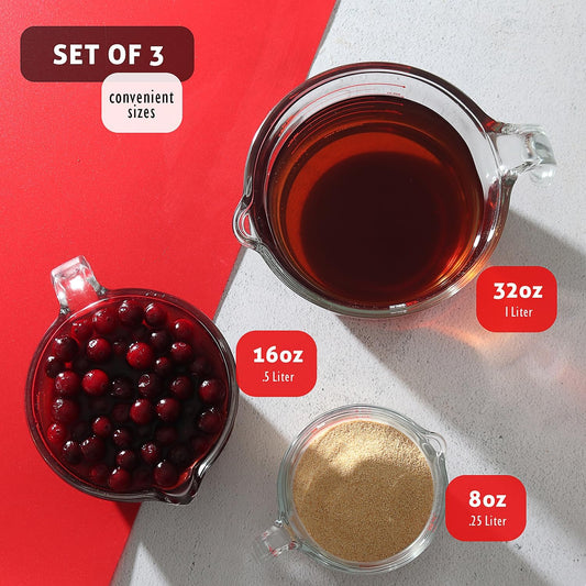Glass Measuring Cups Set of 3 - Liquid Measuring Cups, Glass Measuring Cup Set - 1,2,4 Cup Measuring Cup - Dishwasher Oven, Microwave Safe Measure Cups