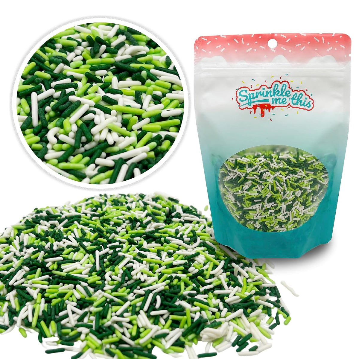 Lucky Jimmy Blend | 8 Oz Stand Up Sprinkle Bag | St. Patrick's Day Themed Sprinkle Blend | Classic Jimmies in Green, Lime, and White Colors | Toppings for Cakes, Pastries, and Desserts