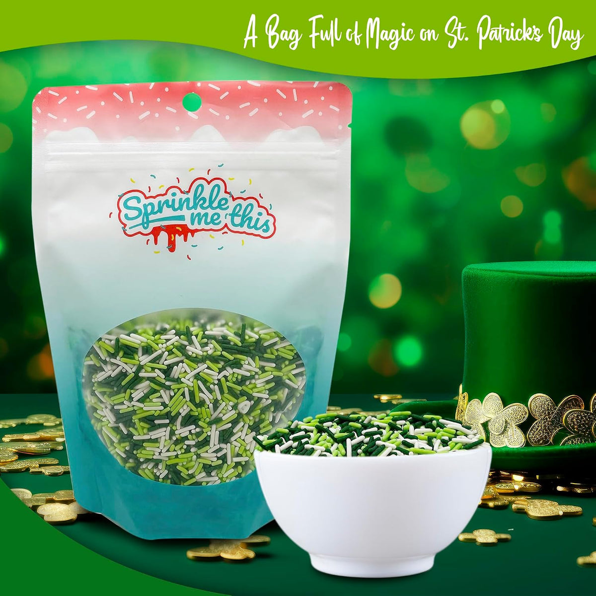 Lucky Jimmy Blend | 8 Oz Stand Up Sprinkle Bag | St. Patrick's Day Themed Sprinkle Blend | Classic Jimmies in Green, Lime, and White Colors | Toppings for Cakes, Pastries, and Desserts