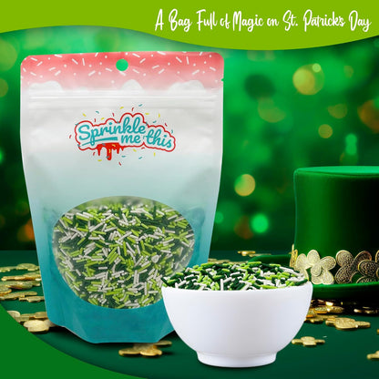 Lucky Jimmy Blend | 8 Oz Stand Up Sprinkle Bag | St. Patrick's Day Themed Sprinkle Blend | Classic Jimmies in Green, Lime, and White Colors | Toppings for Cakes, Pastries, and Desserts