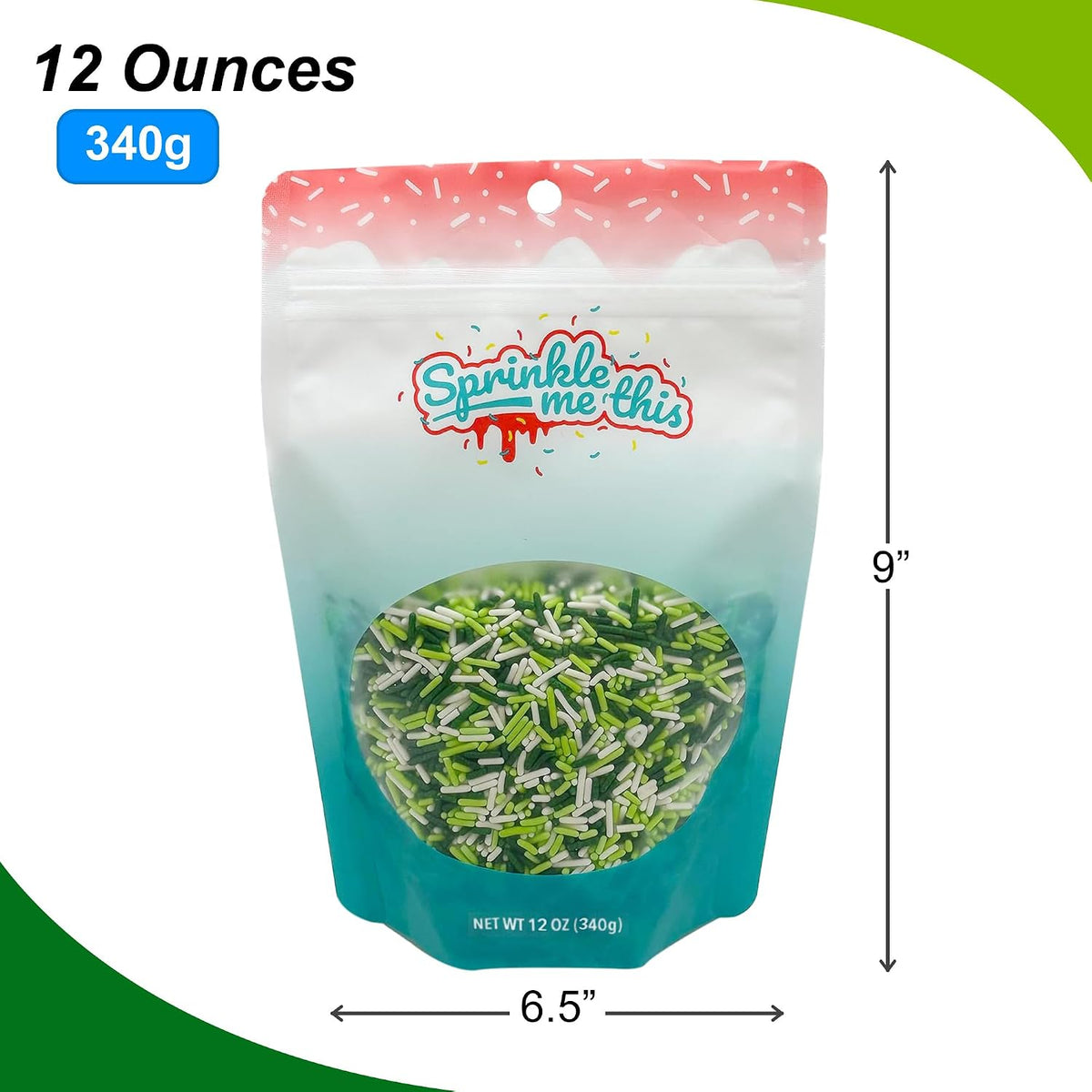 Lucky Jimmy Blend | 8 Oz Stand Up Sprinkle Bag | St. Patrick's Day Themed Sprinkle Blend | Classic Jimmies in Green, Lime, and White Colors | Toppings for Cakes, Pastries, and Desserts