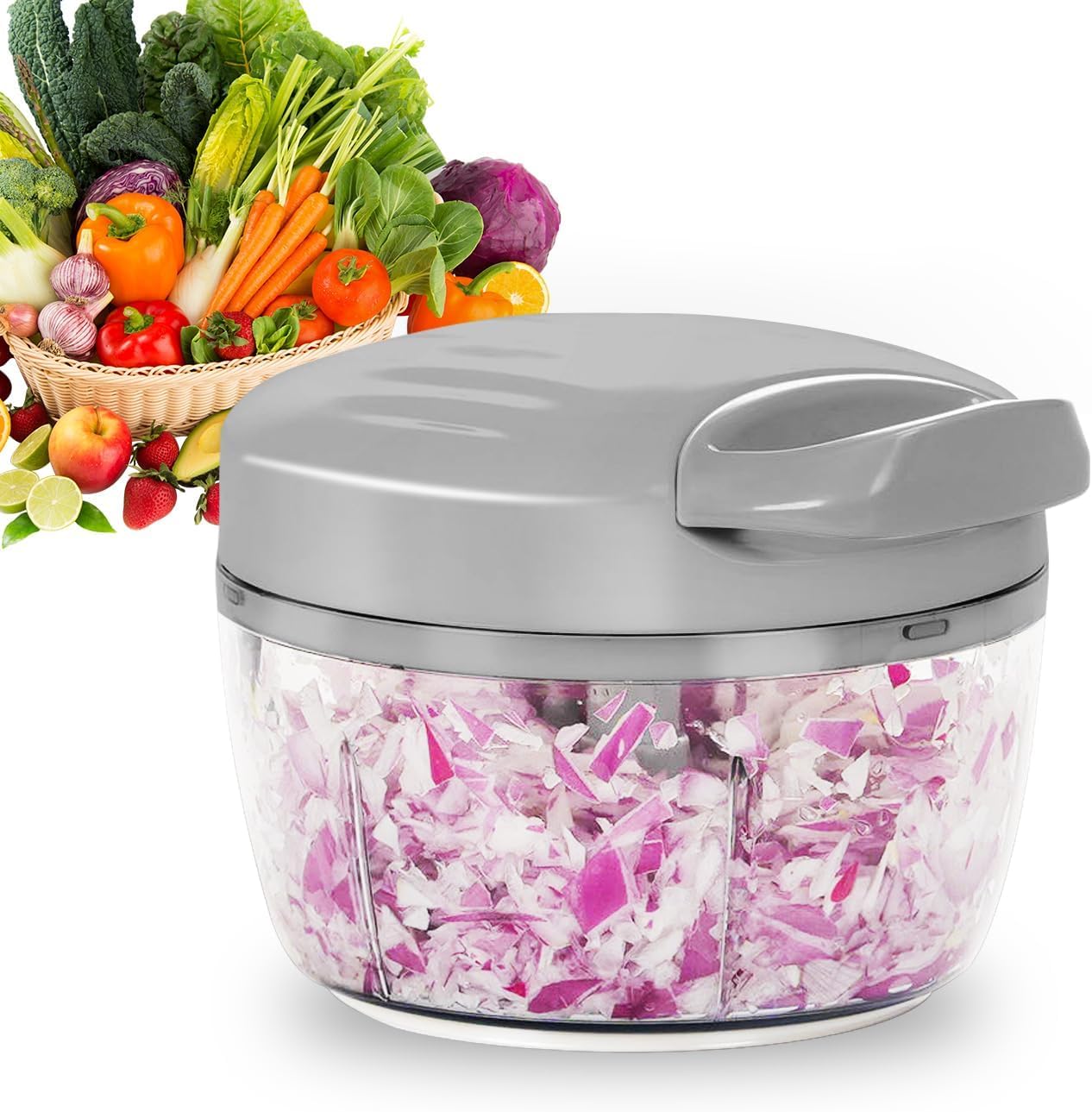Manual Food Processor Vegetable Chopper 2.3 Cup Small Mini Hand Pull String Onion Chopper Garlic Mincer Cutter with 3 Stainless Steel Blades - White
